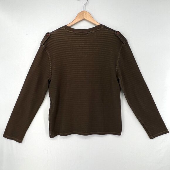 Brown Yellow Striped V Neck Henley Sweater Button Detail Mens Size M Net Man - Picture 7 of 9